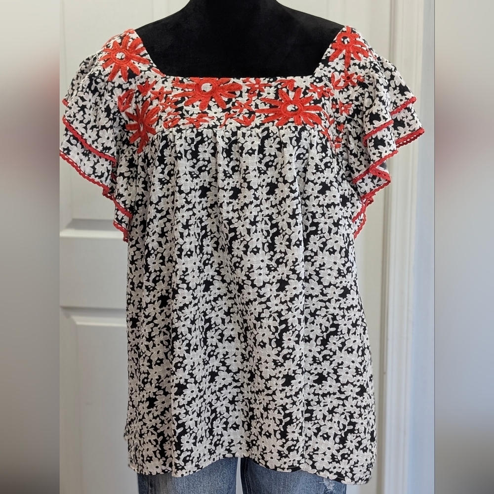 Floral Embroidered Women's Top - Black and Orange